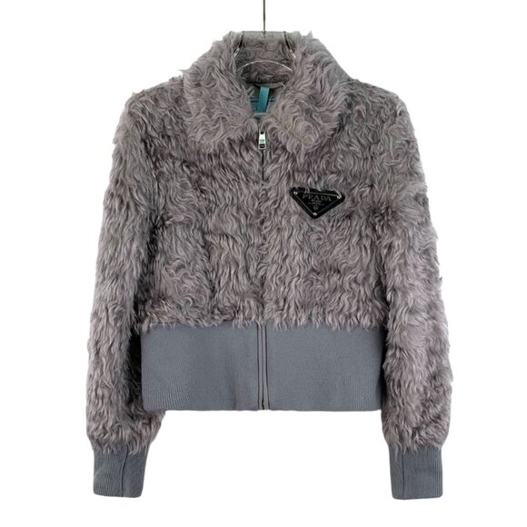 Prada Womens Gray Faux Fur & Knit Jacket With Triangular Logo Lapel Long Sleeves - Picture 1 of 8